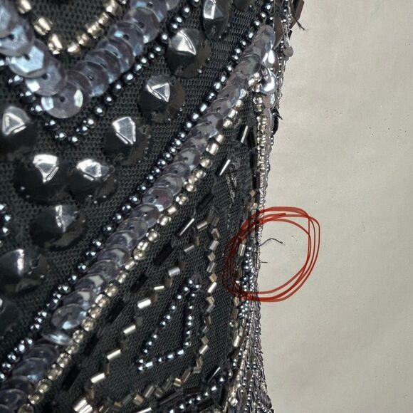 Adrianna Papell Beaded Mesh Sheath Dress Black Silver Sequin Art Deco Mod Mini - Picture 10 of 15
